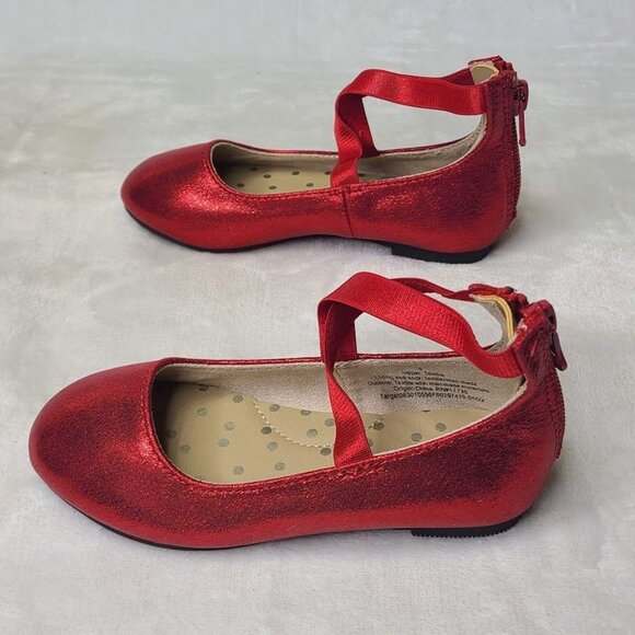 Cat & Jack Trinity Slip On Flats Girls Sz 6 Red Glitter Elastic Straps Zip Back - Picture 5 of 11